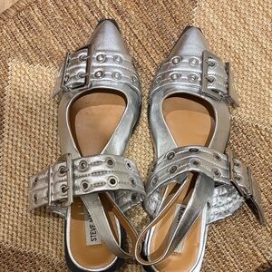 Steve Madden Metallic Silver Flats with Buckle Detail